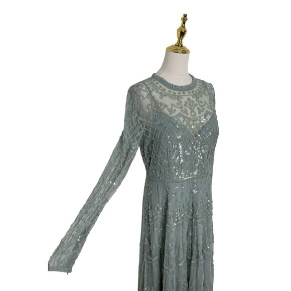 Mac Duggal 9142 Sequined Illusion Long Sleeve Midi Dress Seafoam Size 10 $498 - Picture 2 of 11